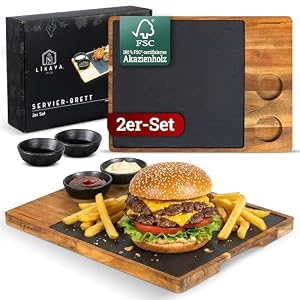 LIKAYA Servierbrett XXL 2er-Set ‚Domingo‘ – FSC Akazienholz & Schieferplatte mit Saucenschüsseln | Perfekt als Grillbrett, Steakbrett & Geschenk für Burger, Steak & Sushi