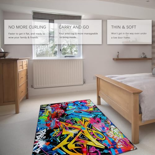 Tapis de salon multicolore graffiti abstrait à poils courts et doux - 5