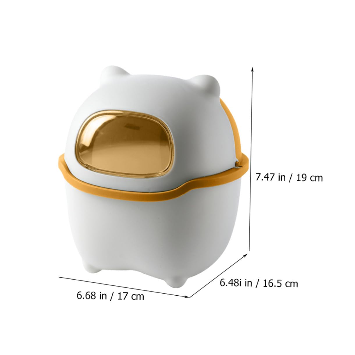Cabilock Small Cartoon Bear Trash Can with Lid, Mini Desktop Waste Bin for ’ Room, Flip-top Countertop Garbage Can in White and Yellow, Compact Storage Bucket for Home and Office
