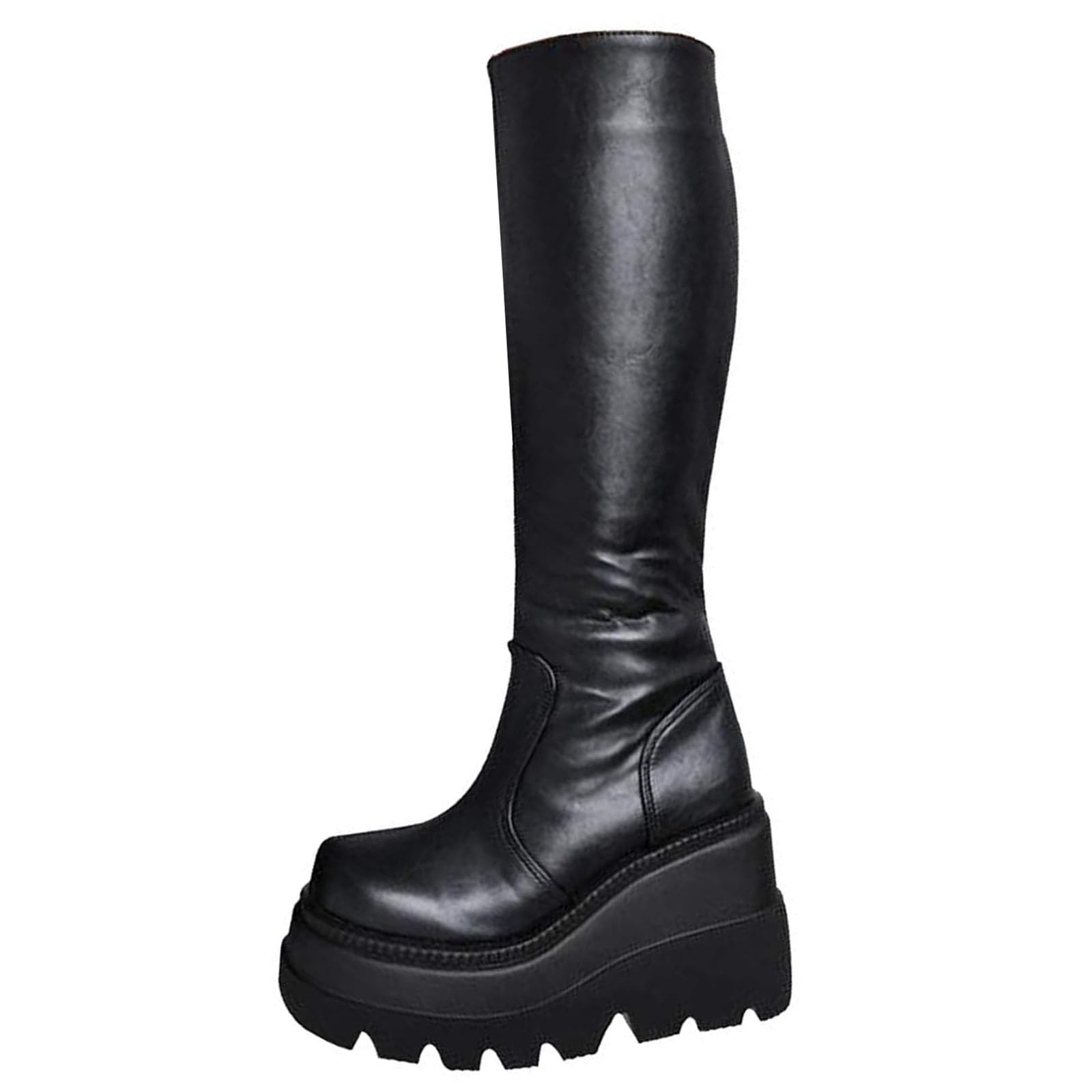 Womens Knee High Boots Chunky Block High Heel Boots Wedge Platform Shoes Zipper Round Toe Booties Fashion Motorcycle