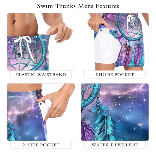 Mens Swim Trunks with Liner, Dreamcatcher Galaxy Feather Cool Quick Dry Beach Swim Shorts, Swimwear Bathing Suits S3