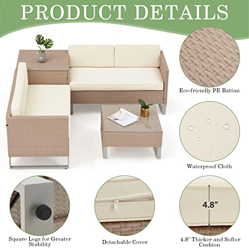 Erommy 4-Piece Patio Conversation Sets, Outdoor Patio Furniture Sets, Rattan Wicker Sectional Sofa Couch And Coffee Table With Tempered Glass For Patio, Deck, Porch, Lawn, Yard And Pool (Beige) #TOP2