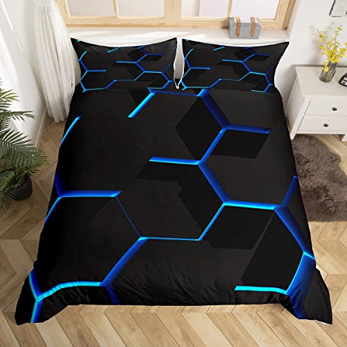 Blue Honeycomb Duvet Cover Geometric Honeycomb Comforter Cover Hexagon Bedding Set Honeycomb Bedspread Cover Simplistic Decor King Size Bedclothes Zipper
