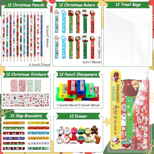 84 PCS Christmas School Stationery Gifts Set Christmas Party Favors Pencils Rulers Erasers Sharpeners Stickers Slap Bracelets Goodie Bags Classroom Prizes Bulk Xmas Gifts Xmas Stocking Box Fillers - Image 2