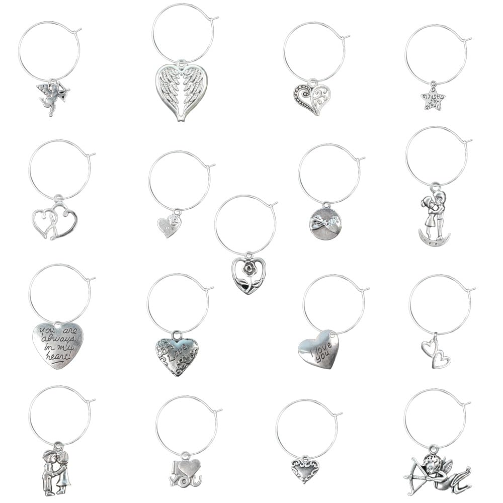 Metaspl 17pcs/set love topic wine charms for stem glasses, wine glass markers & charm rings - perfect for wedding, romantic date & party