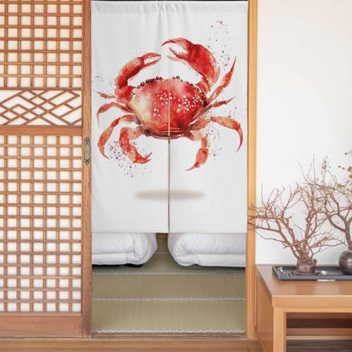Sauoromeon のれん カーテン 幅100x丈200cm 厚手 遮光 暖簾 ドアカーテン 仕切り 目隠し 通気性 和風 おしゃれ フラット リング対応 ひも付き 動物 海洋生物 カニ 水彩調 勝手口 玄関 キッチン リビング 春夏秋冬