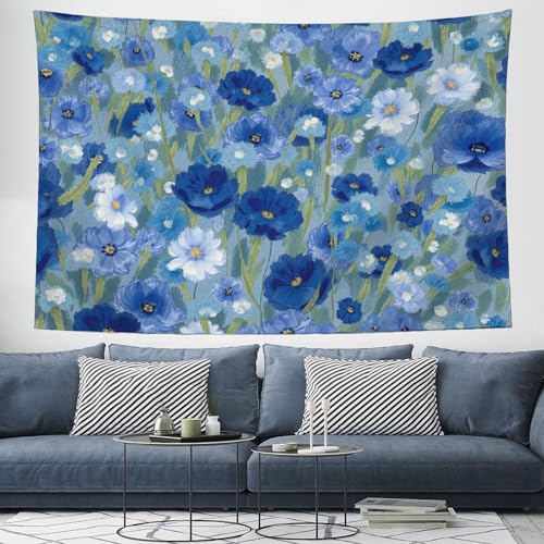 Tapisserie murale de pavots bleus rétro JRISEMECY 230x150cm pour salon