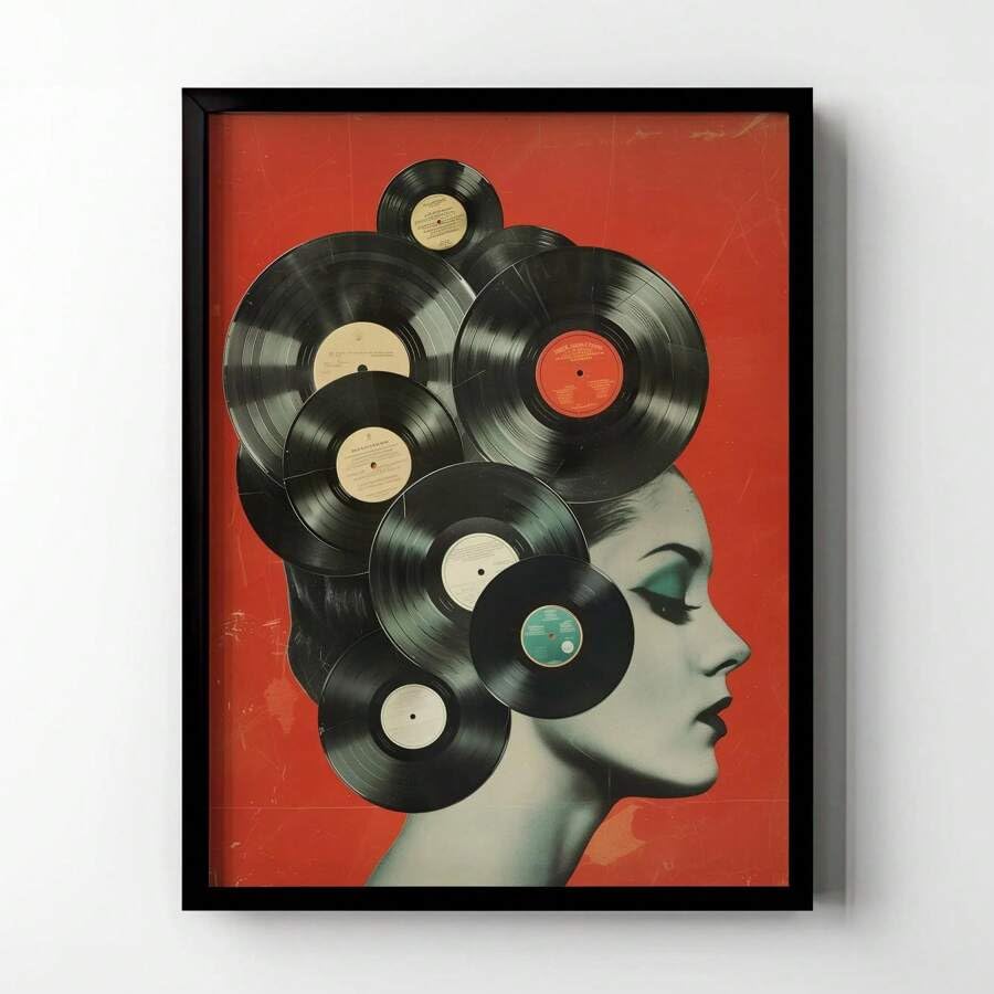 Poster su tela con dischi in vinile retrò anni '50, stile Art Déco classico contemporaneo, stampa artistica di una donna con inchiostro per decorare le pareti della casa (80x140 cm/senza cornice)