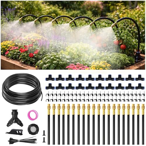 Image of 66FT Drip Irrigation System Kit Dual-Zone Garden Atomizing Watering System with 20 Copper 360 Adjustable Bendable Nozzles, Y-Splitter, Leak-Proof 1 /4 inch Misting System for Garden Greenhouse Raised Beds