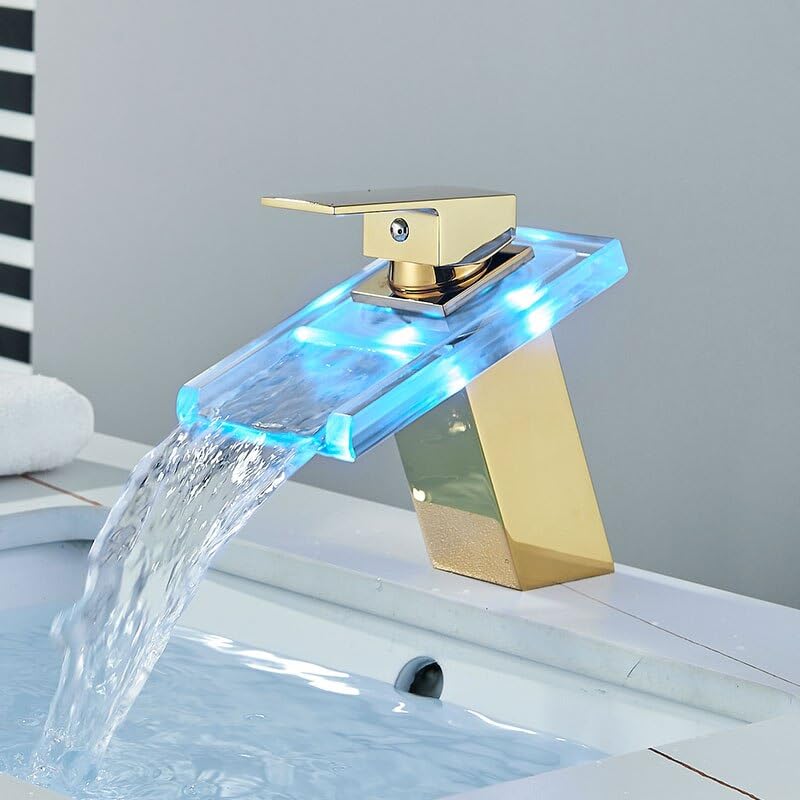 Robinet mitigeur de lavabo LED doré avec poignée ergonomique pour eau chaude et froide
