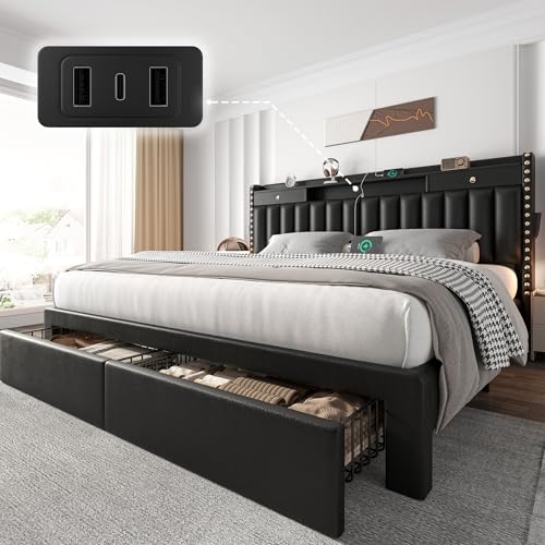 CypBed King Size Bed Frame with 2 Tier Storage Headboard, Upholstered King Bed Frame with 4-Storage...