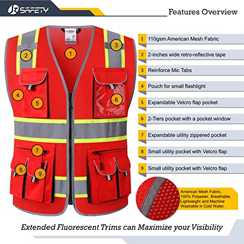 JKSafety 10 Pockets Hi-Vis Neon Color Frontal Zipper Mesh Safety Vest for Men Women Safety Utility for works Comply to ANSI/ISEA Standards (86-Red 3XL) - Thumbnail 3