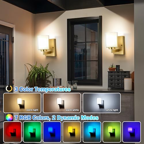 Image of Battery Operated Wall Sconce Set of 2, 10000mAh Wireless Rechargeable Wall Sconce with Remote Control, RGB Dimmable Bathroom Light Fixtures with Double Clear Glass Shade for Mirror Bedroom