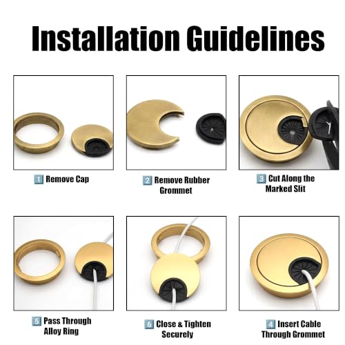 Image of Aluminum Alloy Desk Grommet - Round Metal Cable Wire Hole Cover with Flip Dust-Proof Lid for Office Desk, Computer Table, TV Cabinet & Furniture - Cord Organizer (60mm Round, Gold)