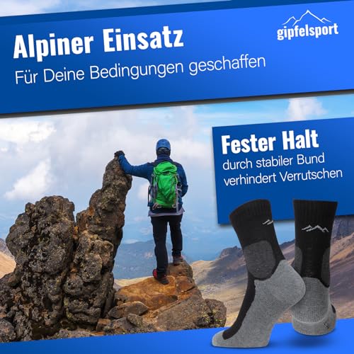 Foto von gipfelsport Wandersocken Herren & Damen, Outdoor Trekkingsocken | Hiking Socks, Wanderstrümpfe aus Merinowolle | Trekking Socken für Wandern mit extra Polster | Größe 45-47 I Schwarz, Dick I 1x Paar