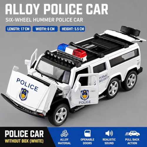 Image of WORSHIPER 1:32 Six-Wheeled Police Hummer Die Cast Metal Toy Car with Sound & Light, Openable Doors, Pull Back Action, Collectible Toy Vehicle for Kids (1 /32 Hummer Police CAR (Black)
