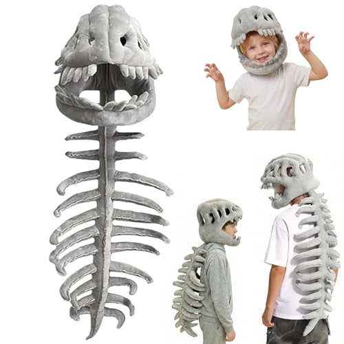 Image of KXGWW Dinosaur Skeleton Costume,3D Dinosaur Skeleton Mask&Plush Spine Wearable Costume for Halloween,Cosplay & Dress-Up Play