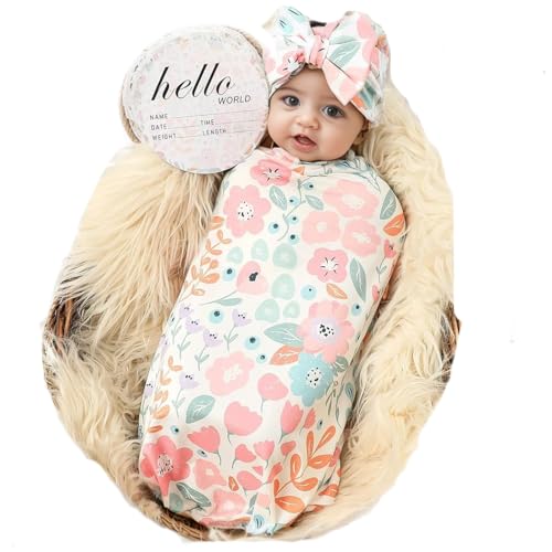 Image of Galabloomer Newborn Receiving Blanket Headband Set Baby Flower Swaddle (Powder Pink)