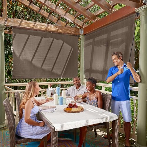 Coolaroo Outdoor Roller Shade with Wand - 90% UV Block Breathable Light Filtering Shade for Patio or Porch, Fade-Resistant, Mold-Resistant Easy-Clean Fabric, 4ft x 6ft, Mocha