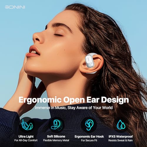 Image of Eonini Open-Ear Earbuds with Earhooks, LED Display Case, Lightweight & Secure Fit, All-Day Comfort, Stay-Aware Design, Clear Calls, 40H Playtime, IPX5 Waterproof Bluetooth 5.3 for Running, Gym