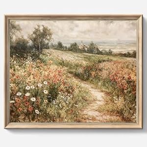 Framed Canvas Wall Art Vintage Decor, Vintage Painting Wall Art Prints, Landscape Wall Art for Living Room Decor Bedroom Home Bathroom Wall Decor (Wildflower Field)