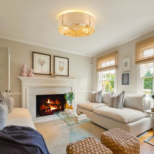 Image of Caged Ceiling Fans with Light,Rattan Flush Mount Ceiling Fan with Light and Remote Control, Boho Fandelier Ceiling Fan 6 Speeds for Bedroom, Living Room, Kitchen, Nursery, Porch