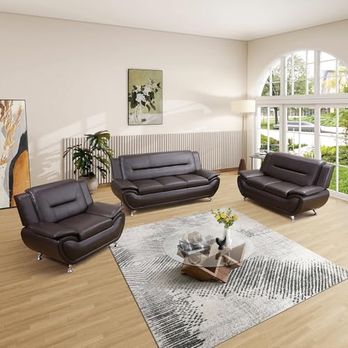 Image of Leather Sectional Couch Set, Living Room Furnishings, 3 - Piece Couch Set, Faux Leather Modern Sectional Couch Loveseat Chair Set with Sturdy Legs for Living Room /Bedroom /Office,Brown