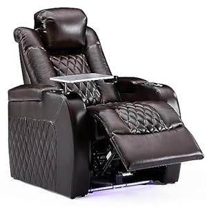 Home Theater Seating Top Grain Leather Recliner Chair Dual Power Movie Gaming Sofa Electric Headrest with Tray Table Type C USB Charge Cup Holders Brown
