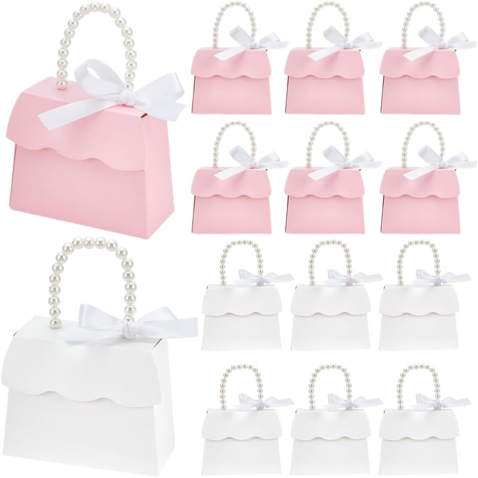 BENECREAT 32 Sets Pink & White Wedding Favors Box DIY Set, Kraft Paper Box with Pearl Handle, Ribbons, Stickers, Gift Boxes for Birthday, Party Favor, Boutique, Wedding and Anniversary