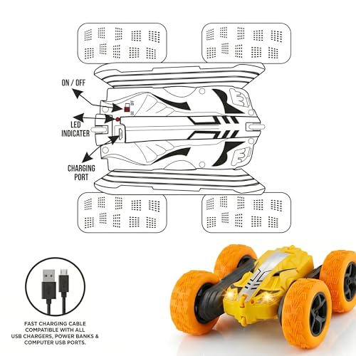 Image of Amazon Brand - Jam & Honey Off Roader Rechargeable Remote Control Car | RC Monster Truck with LED Headlights, Type-C Charging, Anti-Skid Tyres, 120 Ft Range | 2.4GHz Remote Controller - Yellow(MT0624)