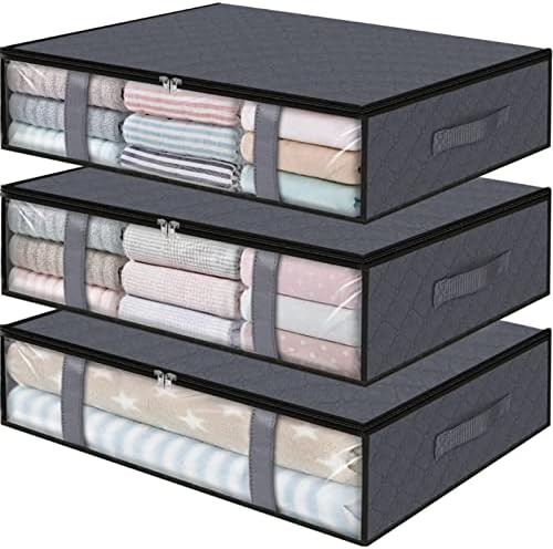 StorageRight Storage Bins Clothes Storage, Foldable Blanket Storage Bags, Under Bed Storage Containers for Organizing, Clothing, Bedroom, Comforter, Closet, Dorm, Quilts, Organizer, 3-Pack Grey