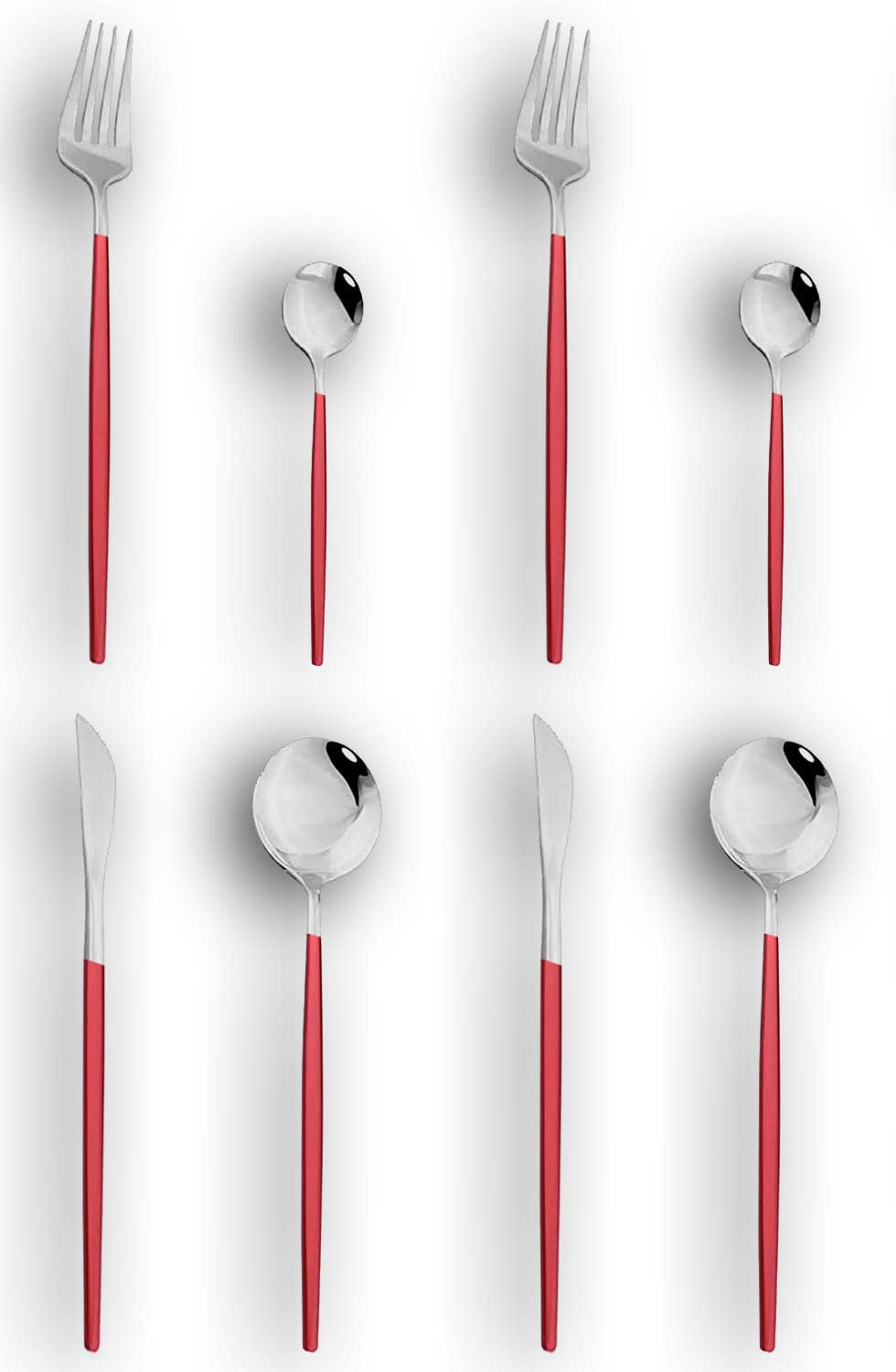 DORMICO Cutlery Set, Stainless Steel Flatware Tableware Set Family Dinnerware with Knife Spoon Fork, Service for 2 - Matte (Pack of 8, Red)