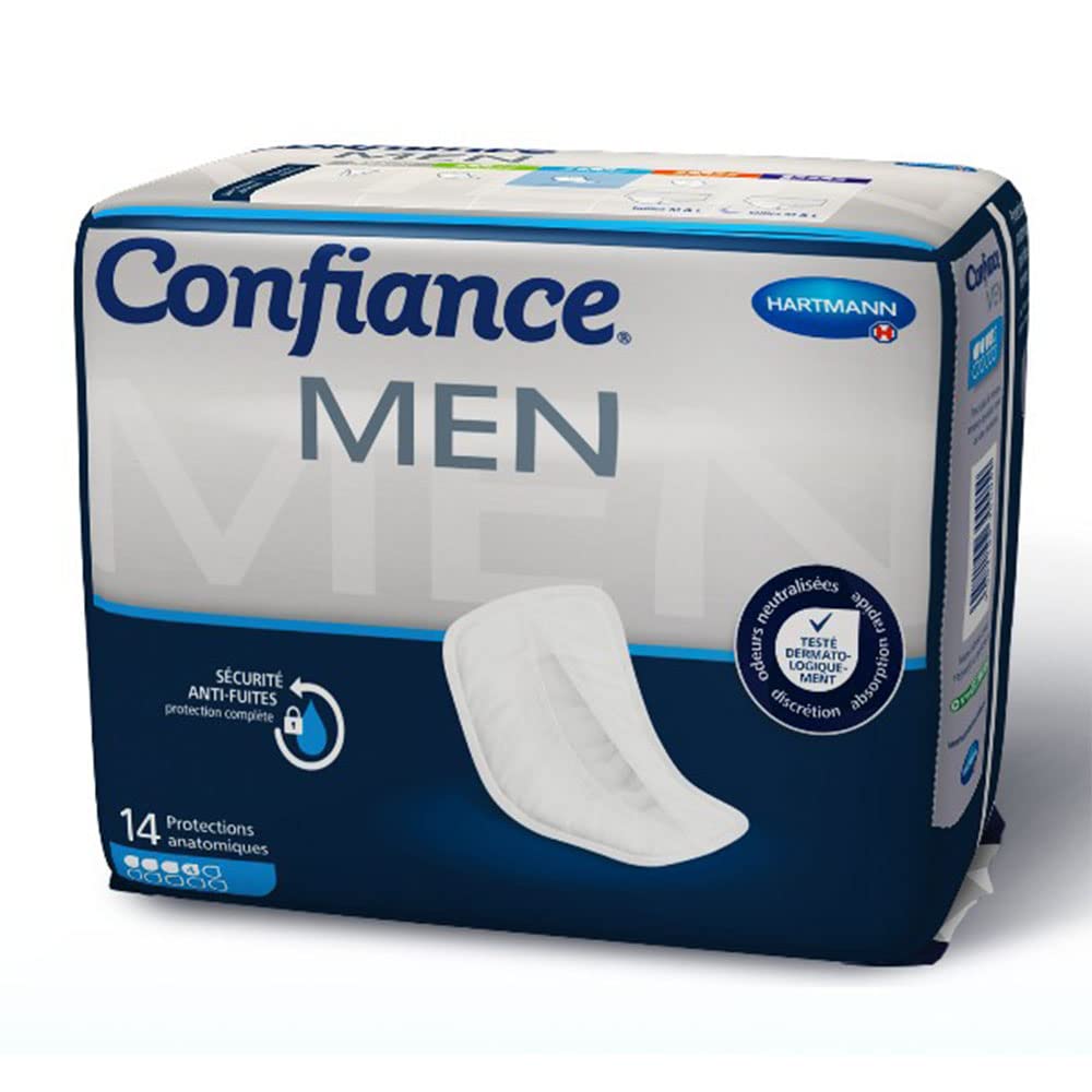 Confiance Men - Petites Protections Anatomiques Absorbantes pour Hommes - Discrètes - Niveau d'Absorption = 4 gouttes (Fuites Urinaires Moyennes) - pH Neutre à la Peau - 14 Unités