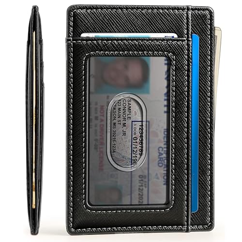 Image of Contacts Genuine Leather Slim Wallet | RFID Blocking Skinny Minimal Thin Front Pocket Wallet Sleeve Card Holder for Men | Up to 7 Card Slots Including 1 ID Window (Saffiano Black)