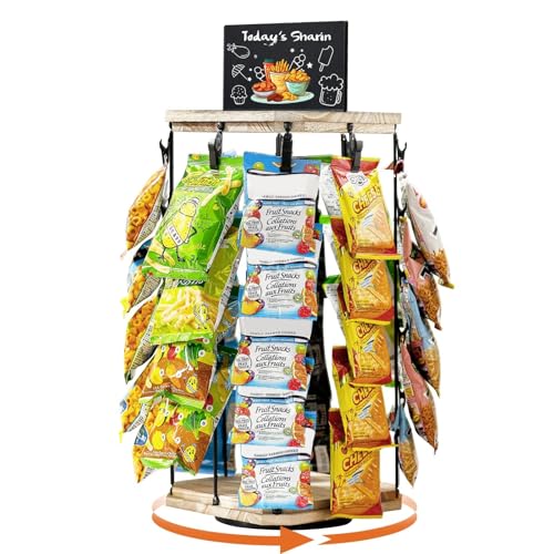 Pinzoveco Chip Rack Display Stand, 5 Tiers 40 Clips Snack Organizer for Office Desk, 360° Rotating Wooden Base Chip Holder Candy Display for Concession Stand, Countertop, Party, With Message Board