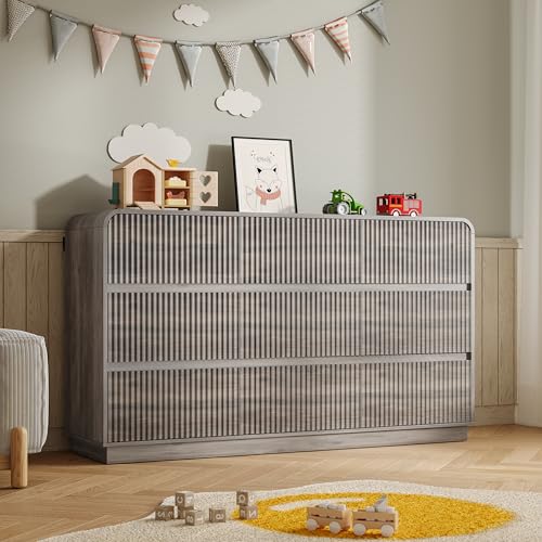 Image of BORNOON Dresser for Bedroom with 9 Drawers, Fluted Chest of Drawers with Round Curved Corner, Hidden Handles, Modern Wood Storage Organizer for Bedroom, Nursery, Living Room