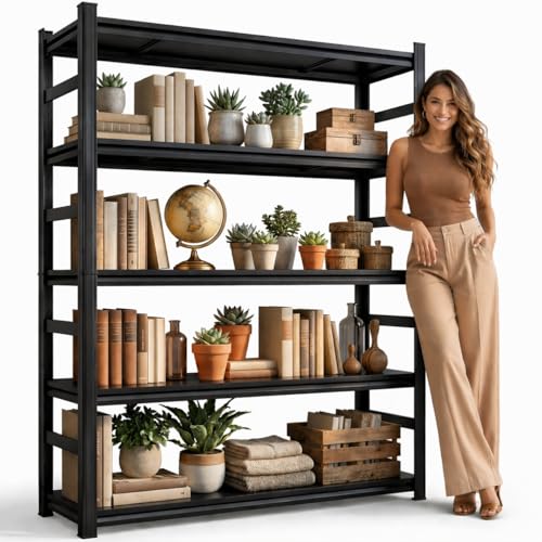 BEESTMUEBLE 5 Tier Metal Bookshelf with Anti-Drop Fence, 72" H Adjustable Tall Bookcase, Heavy Duty 3000 LBS Modern Deep Book Shelf, Bolt-Free Storage Shelves for Living Room, Home Office, Garage