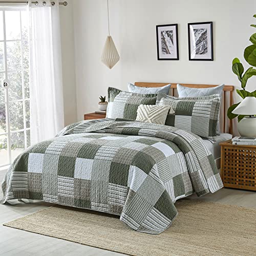 Image of Finlonte Quilts Queen Size - 100% Cotton Queen Comforter Set Green Moonbeam White Plaid Farmhouse Quilt Bedding Set, Reversible Lightweight Soft Bedspread, Quilted Coverlet All-Season, 3-Piece