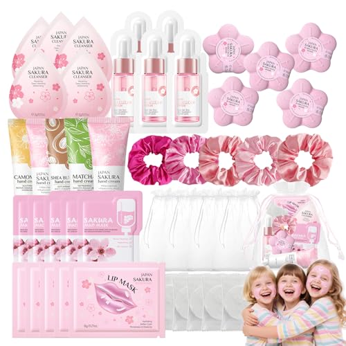 Sleepover Kit Spa Party Favors Supplies for Girls Hangover Kit Fillers - Facial Masks Skincare Cleanser Serum Hand Cream Lip Mask Foot Bath Bombs Pamper Gift for Spa Birthday (Cherry Blossoms-45PCS)