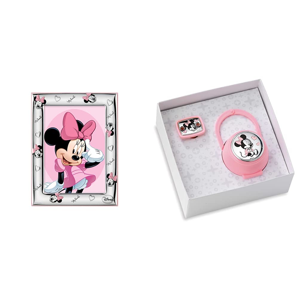 VALENTI & CO. Disney Baby Minnie Mouse Cornice Porta Foto Da Tavolo In Argento Per Neonato E Bambina & Disney Clip Ciuccio, Catenella Portaciuccio Con Box In Argento (Rosa)