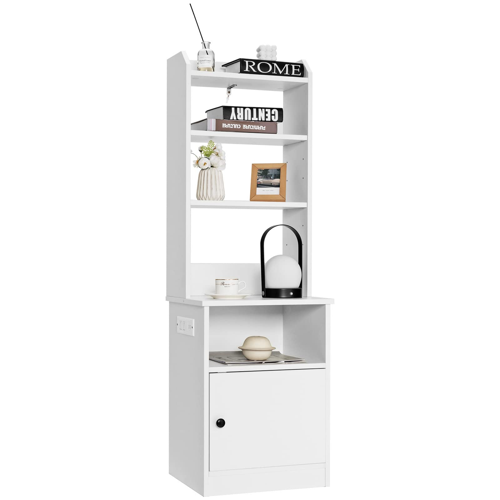 GIANTEX Comodino alto con stazione di ricarica, tavolino da notte con ripiani regolabili e armadi e prese e porte USB, mobile di immagazzinaggio libreria tavolino per camera da letto ufficio soggiorno