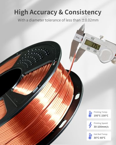 Image of Silk PLA Filament 1.75mm, Clog-Free, Metal-Like Shiny 3D Printer Filament 1kg Spool (2.2lbs), Neatly Wound, + /- 0.02mm Precision, Vacuum Packaging, Fit Most FDM Printer, Metallic Copper