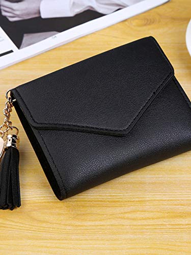 pedkit Moda feminina borla carteira curta de couro pu cor sólida pequeno dobrado ID titular do cartã