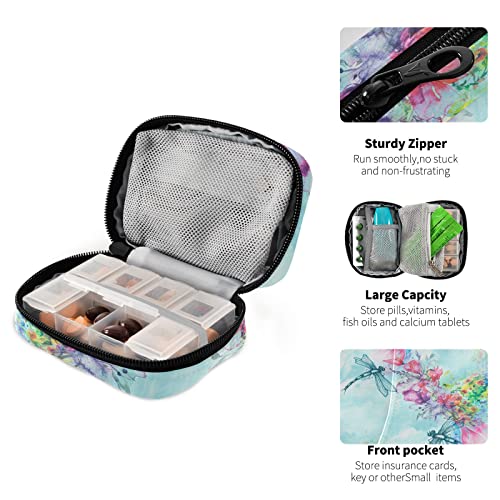 Image of Pill Case 7 Day Pill Organizer Watercolor Dragonfly Travel Pill Case Portable Weekly Pill Box Bag Container Vitamin Supplement Holder with Zipper for Family Business