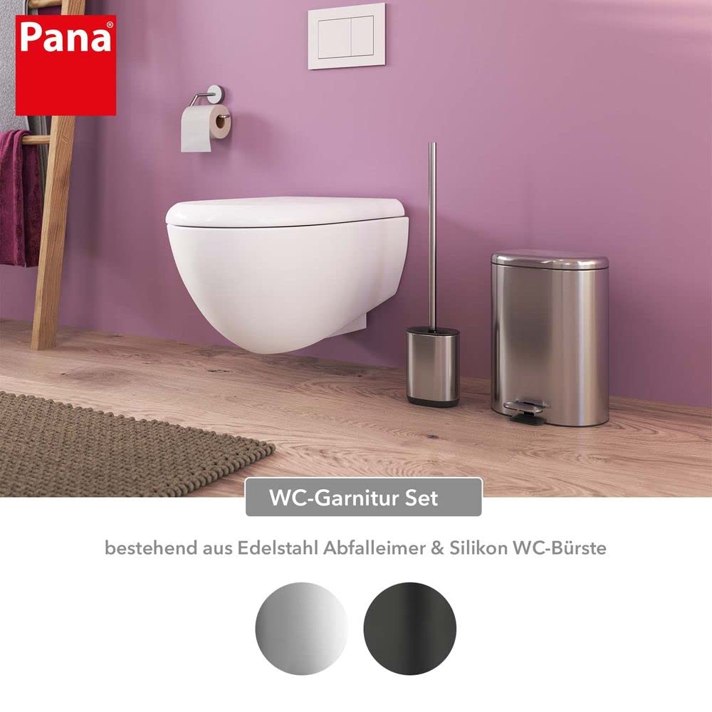 PANA 2-TLG. WC Garnitur Set • Badezimmer Set • WC-Abfalleimer/Kosmetikeimer 6 L mit Absenkautomatik aus Edelstahl • Toiletten-Bürste mit Silikonkopf • Farbe: Silber glänzend