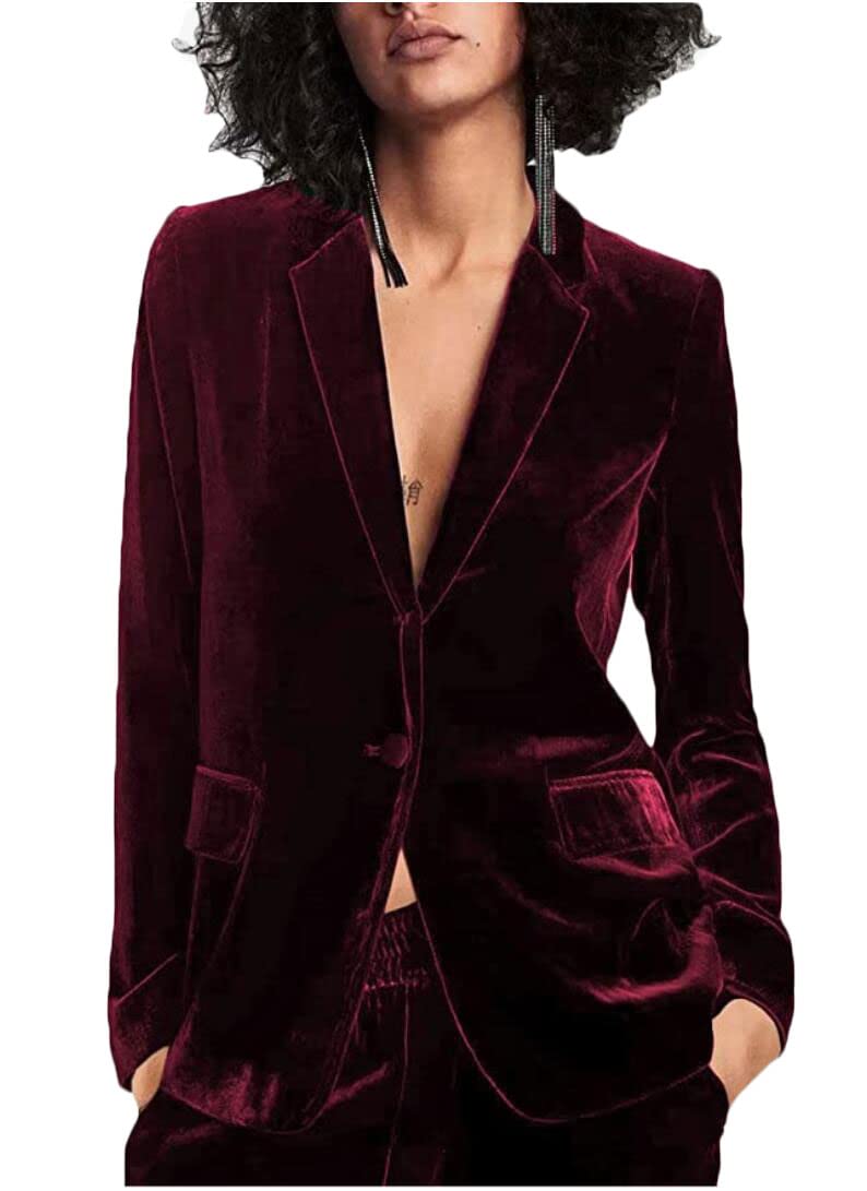 Botong Velvet Womens Formal Suit Set Peak Lapel Office Work Outfit Professional Business Suit Burgundy L