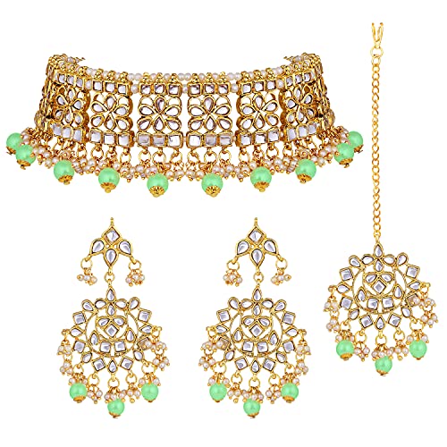 Image of Aheli Elegant Indian Faux Kundan Studded Choker Necklace with Maang Tikka Set Ethnic Wedding Wear Bharatanatyam jewellery set Gift for Women