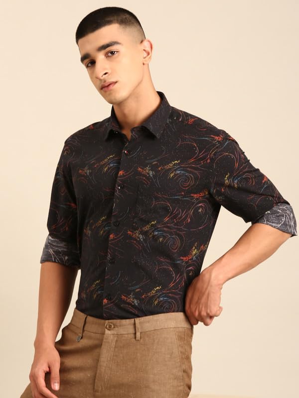 Image of Cavallo by Linen Club Men's Blended Linen Red Printed Contemporary Fit Full Sleeve Casual Shirt