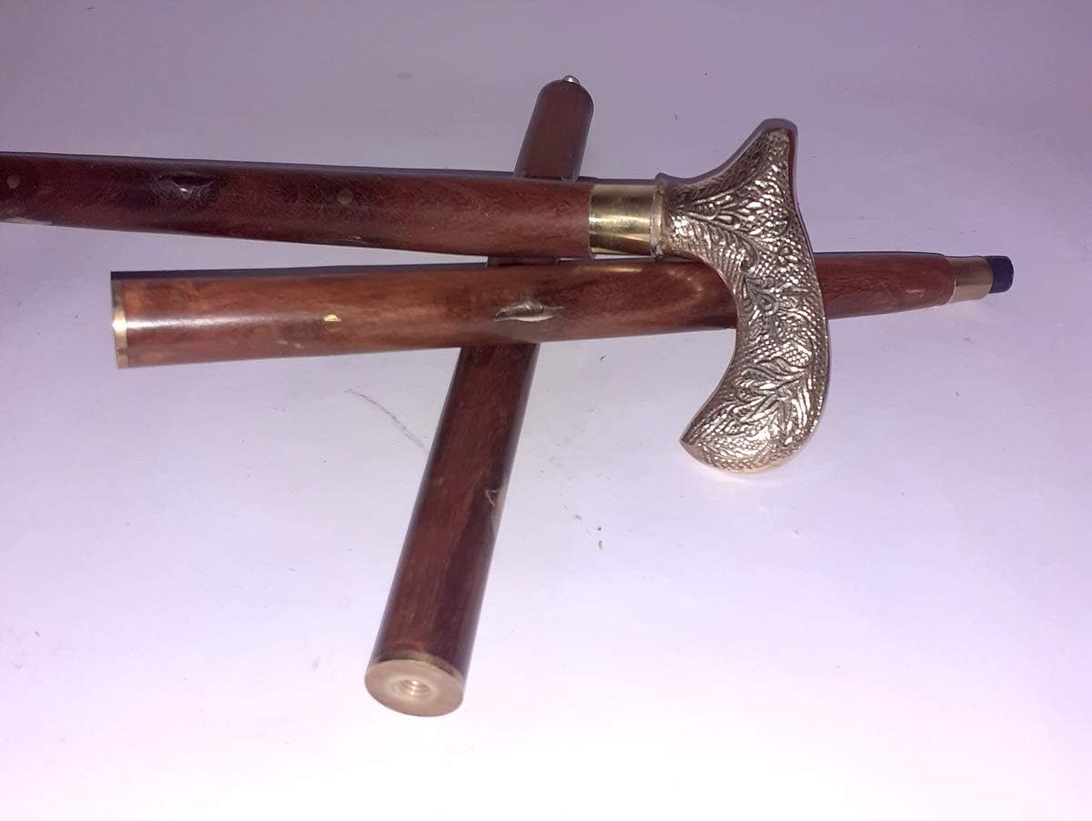Handmade Victorian Antique Brass Handle Wooden Walking Stick Cane Golden & Brown
