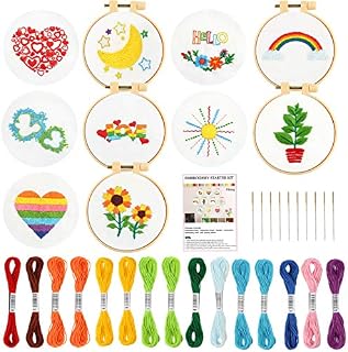 Pllieay 10 PCS Embroidery Beginner Kits for Kids 7-13, Includes Instructions Embroidery Starter Kit with Pattern, Needlepoint Kits for Backpack 